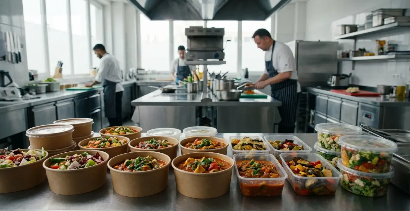 Préparation de commandes traiteur avec emballages alimentaires kraft et contenants professionnels