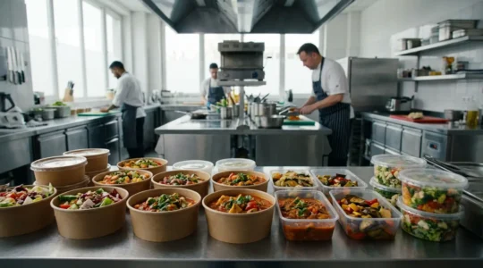 Préparation de commandes traiteur avec emballages alimentaires kraft et contenants professionnels