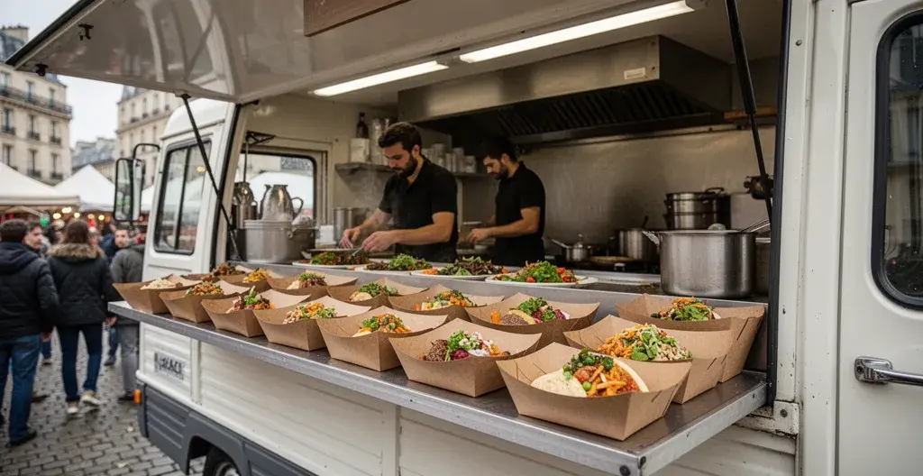 Comptoir de food truck avec barquettes kraft prêtes au service