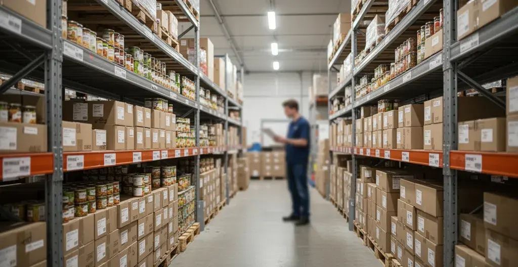 Zone de stockage professionnelle avec cartons d'emballages alimentaires organisés