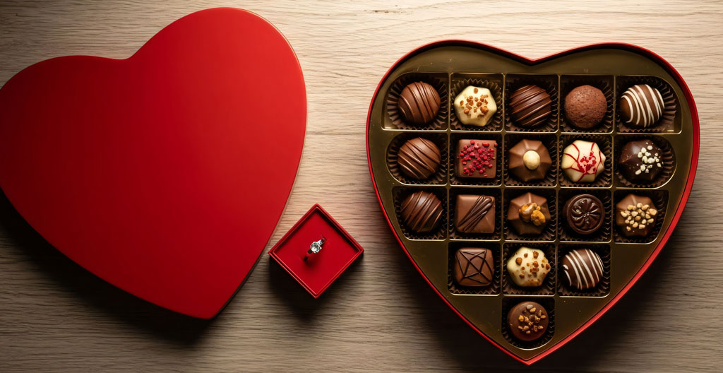 Coffret de confiseries premium ouvert sur fond sombre révélant chocolats, caramels et pâtes de fruits dans leurs alvéoles, éclairage dramatique latéral créant un effet clair-obscur sur les textures brillantes