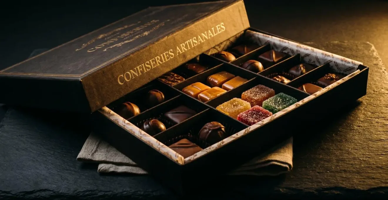 Coffret de confiseries premium ouvert sur fond sombre révélant chocolats, caramels et pâtes de fruits dans leurs alvéoles, éclairage dramatique latéral créant un effet clair-obscur sur les textures brillantes