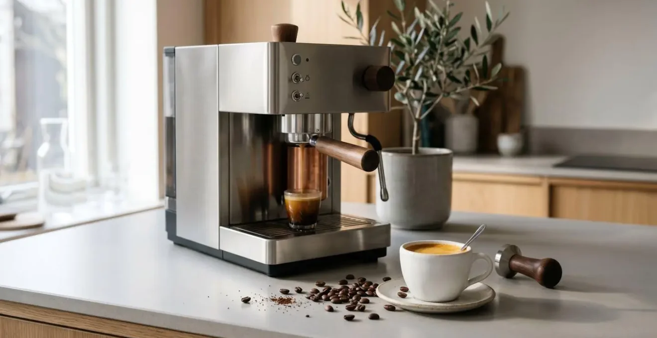 Comptoir de cuisine moderne avec machine à expresso design contemporain et tasse blanche contenant un expresso avec crema dorée, grains de café dispersés, lumière naturelle douce