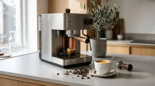 Comptoir de cuisine moderne avec machine à expresso design contemporain et tasse blanche contenant un expresso avec crema dorée, grains de café dispersés, lumière naturelle douce