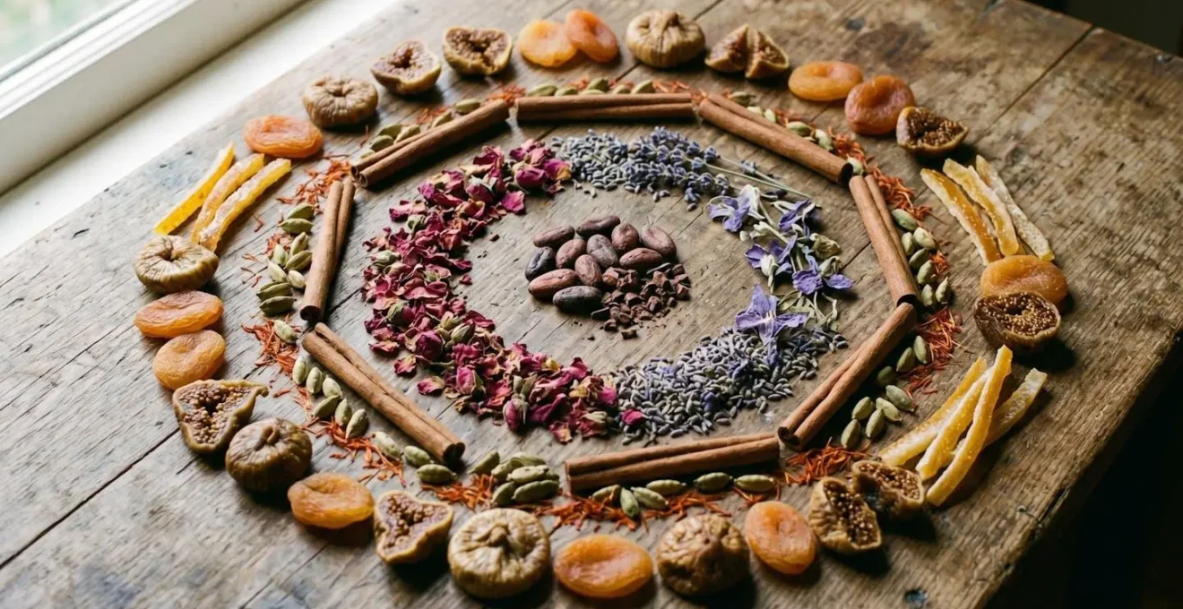 Disposition concentrique d'ingrédients aromatiques sur bois ancien : fèves de cacao au centre entourées de cercles de fleurs séchées (rose, violette, lavande), épices (cannelle, cardamome, safran) et fruits séchés (figues, abricots, agrumes confits)