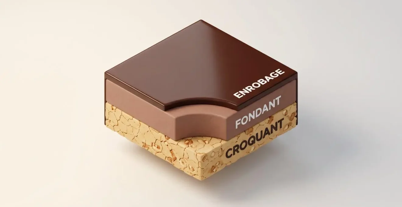 Illustration 3D en coupe transversale d'une confiserie à trois couches montrant les contrastes de textures : base croquante pralinée, cœur fondant ganache et enrobage chocolat lisse