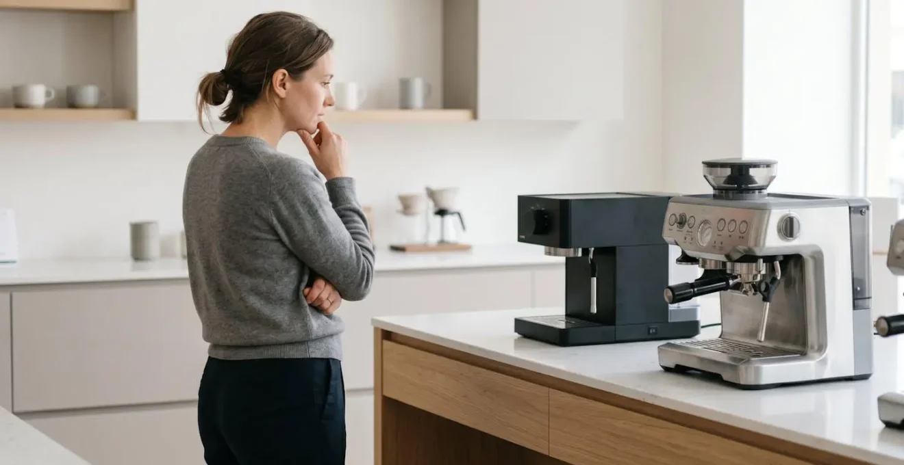 Personne de dos devant comptoir avec plusieurs machines à expresso de styles différents, main sur le menton en geste de réflexion dans environnement moderne lumineux