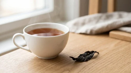 Tasse de thé premium en porcelaine blanche avec feuille de thé et vapeur sur fond de bois clair
