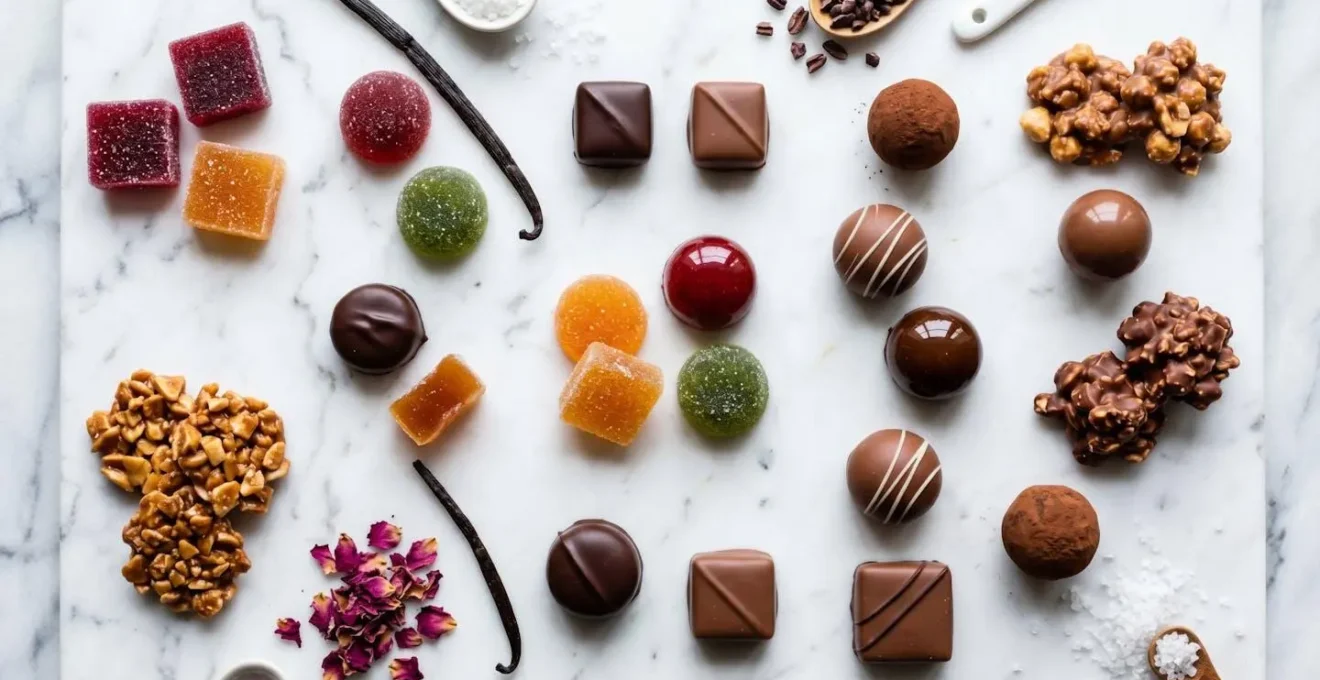 Vue plongeante sur une composition de confiseries artisanales françaises variées disposées sur marbre blanc : pâtes de fruits colorées, caramels enrobés de chocolat, pralines dorées et ganaches glacées, accompagnées d'ingrédients naturels (vanille, cacao, rose, fleur de sel)
