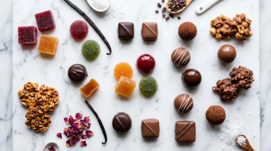 Vue plongeante sur une composition de confiseries artisanales françaises variées disposées sur marbre blanc : pâtes de fruits colorées, caramels enrobés de chocolat, pralines dorées et ganaches glacées, accompagnées d'ingrédients naturels (vanille, cacao, rose, fleur de sel)